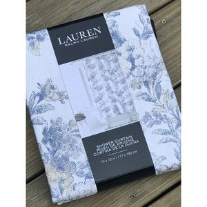 NEW RALPH LAUREN Off White Blue Fabric Shower Curtain 70 x 72" Cotton Flowers